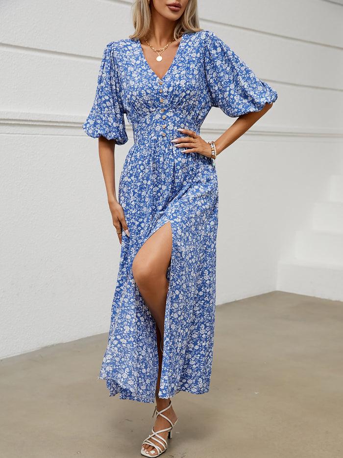Allegra K V Neck Lantern Sleeve Floral Slit Midi Dress