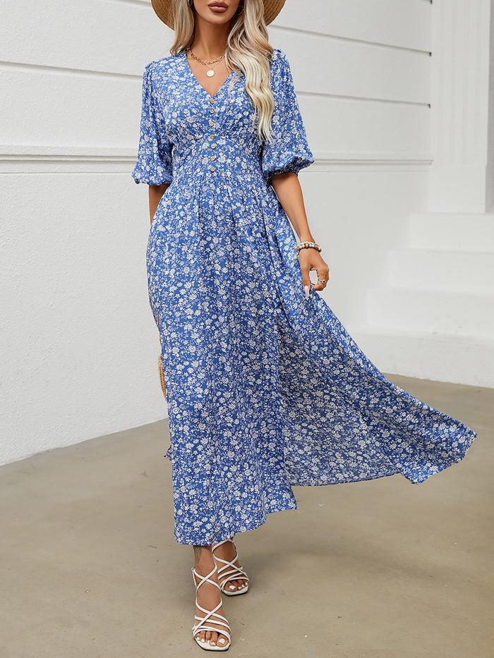 Allegra K V Neck Lantern Sleeve Floral Slit Midi Dress