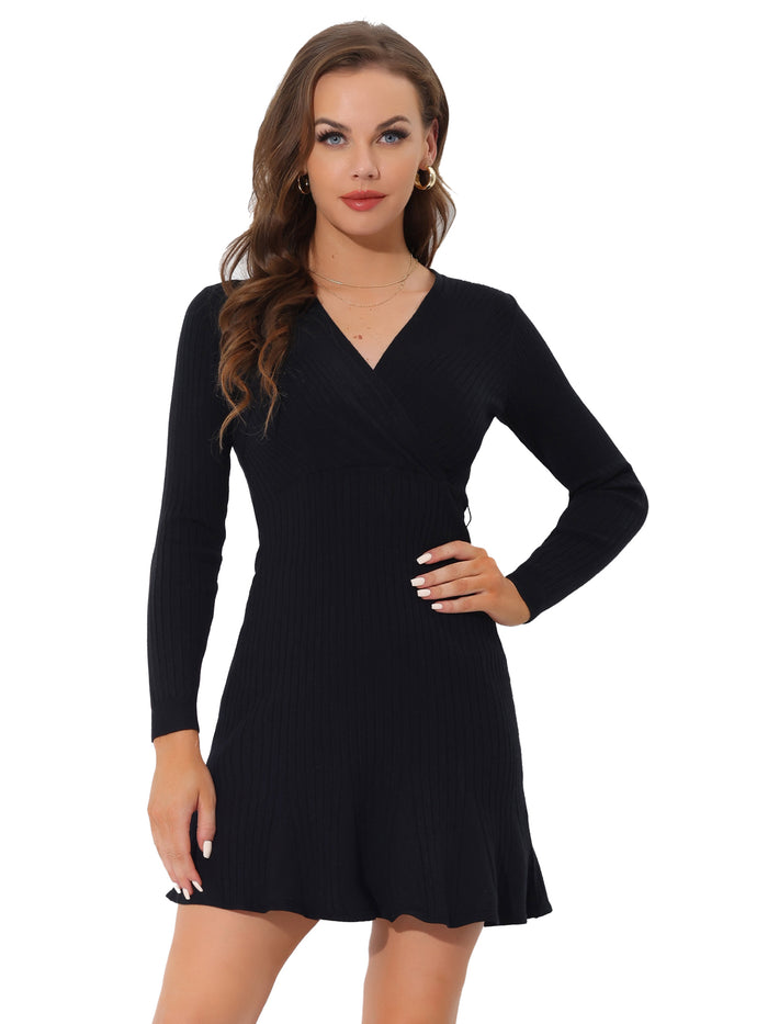 allegra k V Neck Long Sleeve A-Line Swing Bodycon Solid Ribbed Knit Mini Dress