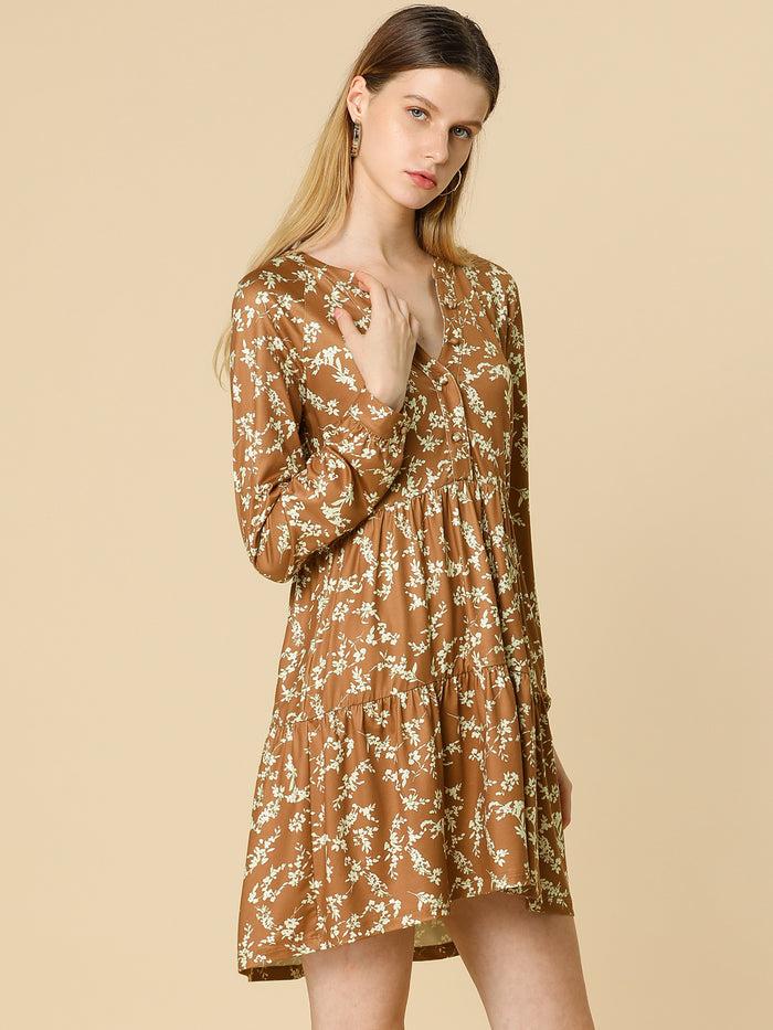 Allegra K V Neck Long Sleeve Floral Tiered Fall Babydoll Dress