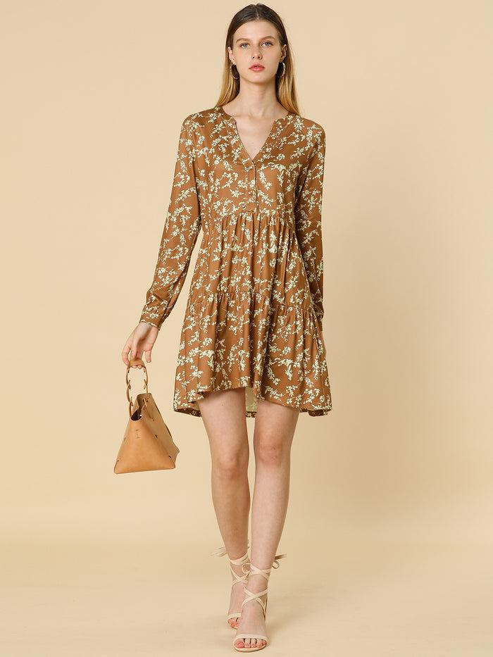 Allegra K V Neck Long Sleeve Floral Tiered Fall Babydoll Dress