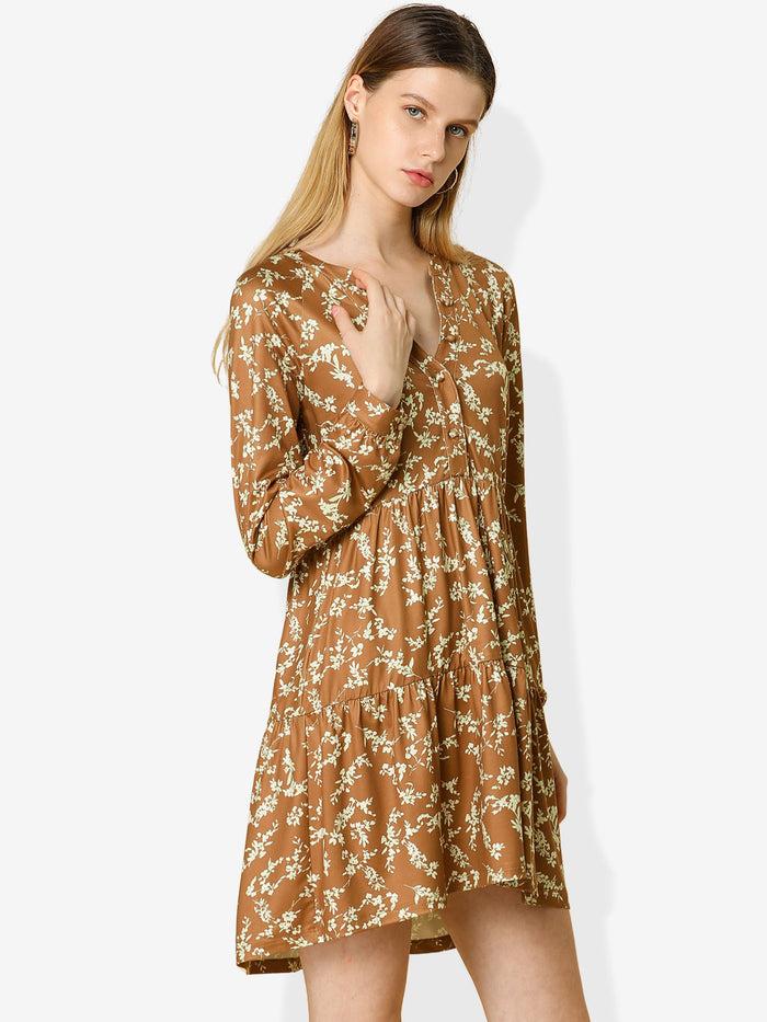 allegra k V Neck Long Sleeve Floral Tiered Fall Babydoll Dress
