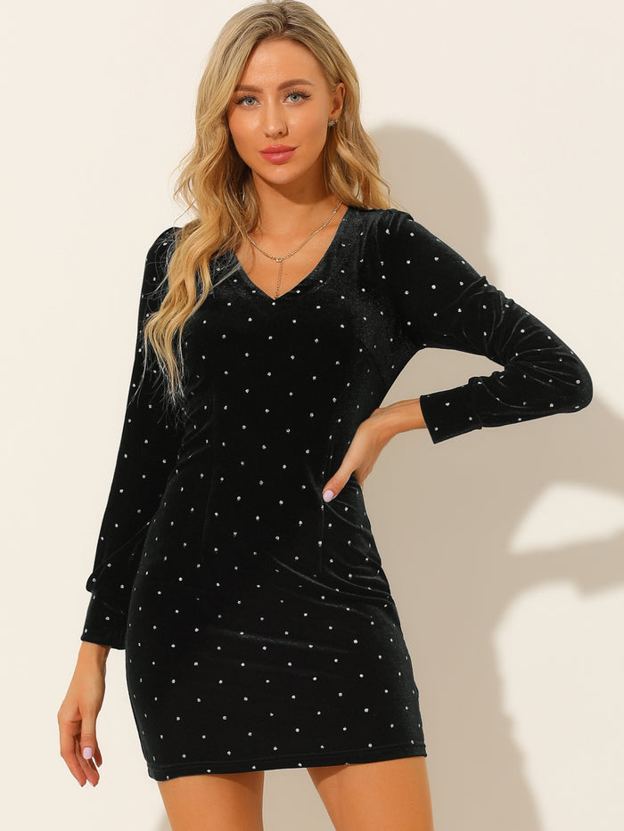 allegra k V Neck Long Sleeve Party Glitter Velvet Casual Bodycon Mini Dress