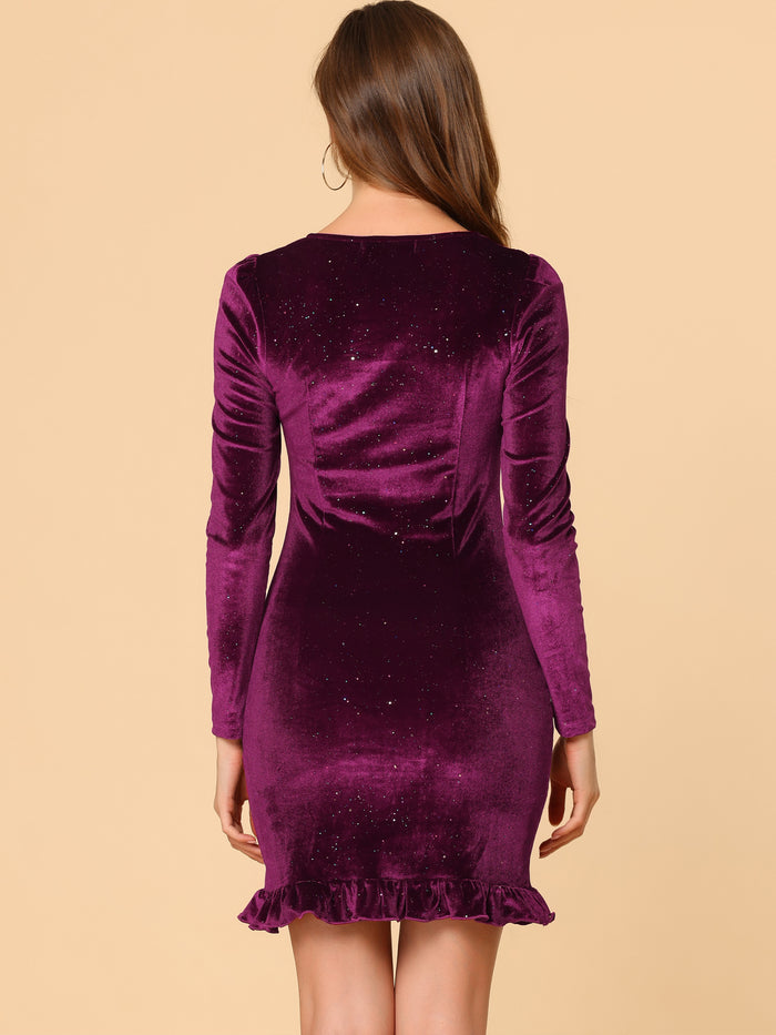 Allegra K V Neck Long Sleeve Sparkle Velvet Ruffled Bodycon Party Dress