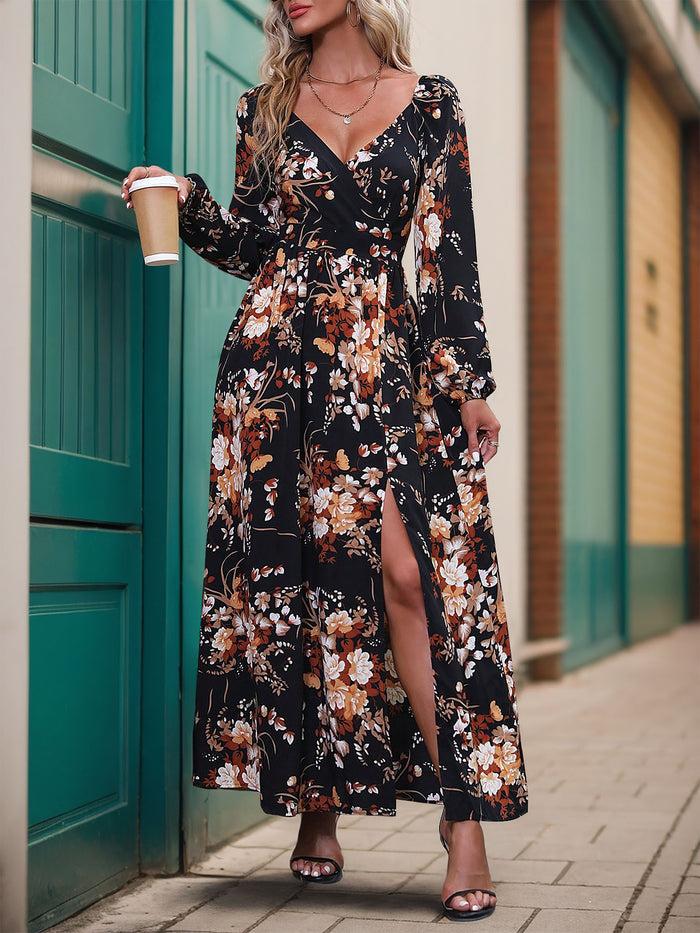 Allegra K V Neck Long Sleeves Floral Slit Maxi Dress