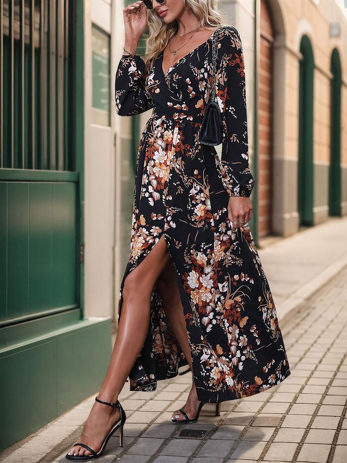 Allegra K V Neck Long Sleeves Floral Slit Maxi Dress
