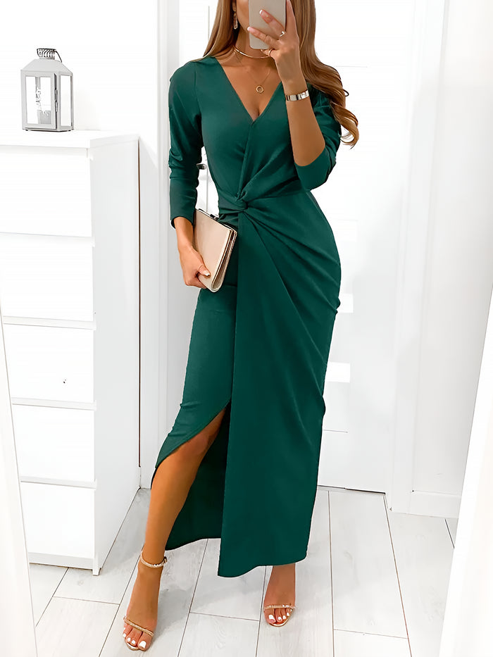 Allegra K V Neck Long Sleeves Ruched Slit Bodycon Maxi Dress