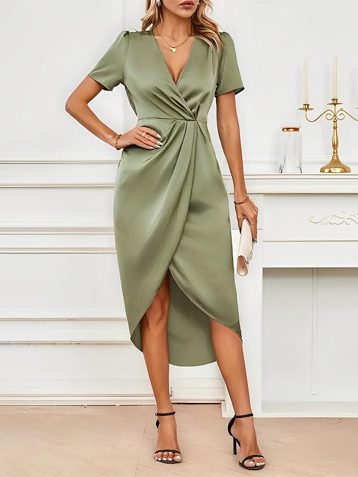 allegra k V Neck Puff Sleeves Satin Ruched Midi Dress