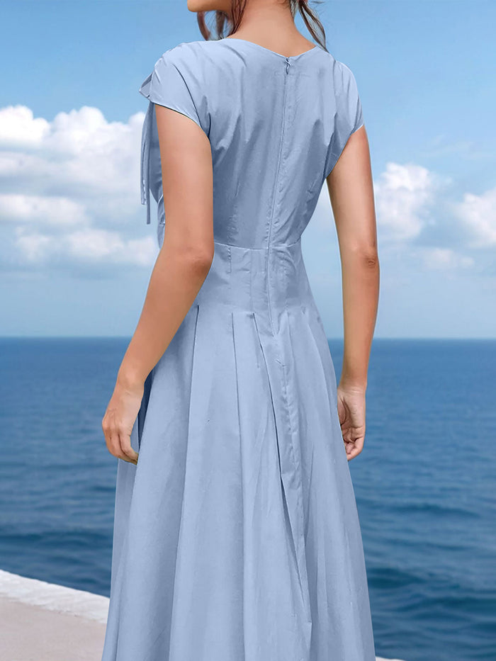 allegra k V Neck Ruched Lace-Up Cap Sleeves Pleated Midi A-Line Dress