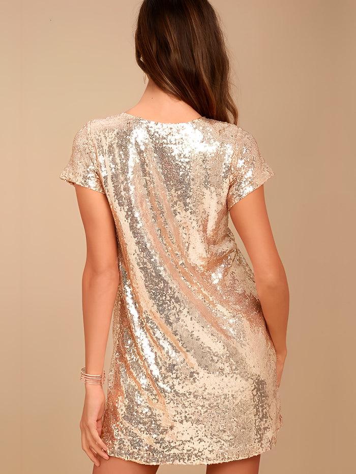 Allegra K V Neck Sequin Short Sleeves Mini Party Dress