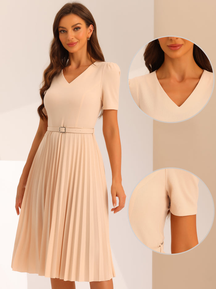 Allegra K V-Neck Short Sleeve Belted A-Line Pleated Midi Dress
