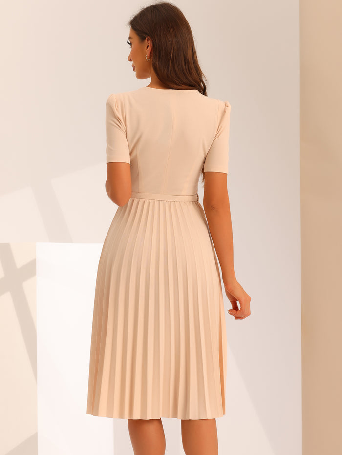 Allegra K V-Neck Short Sleeve Belted A-Line Pleated Midi Dress