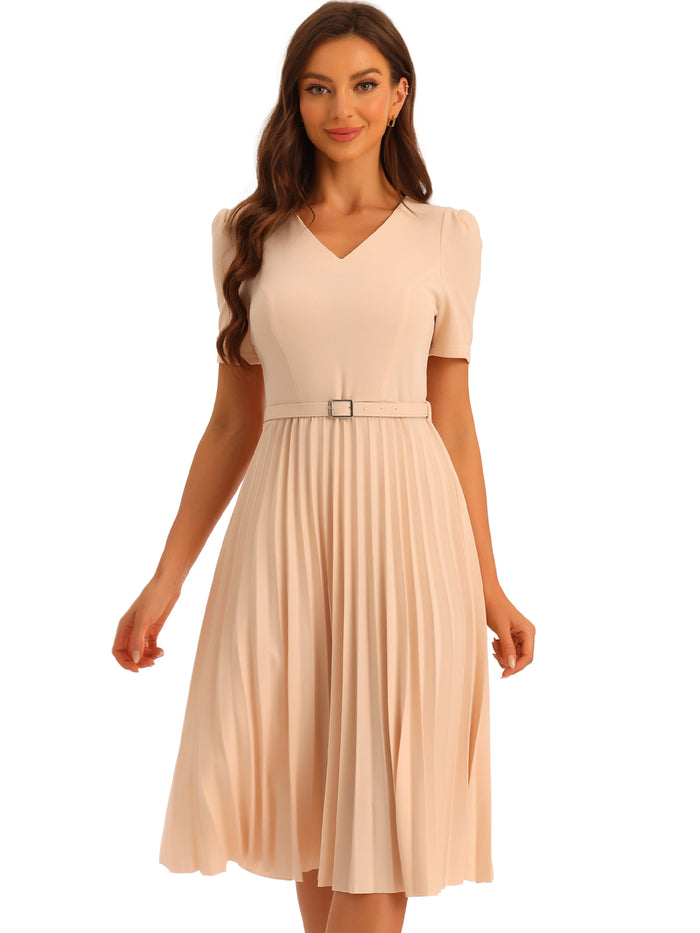Allegra K V-Neck Short Sleeve Belted A-Line Pleated Midi Dress