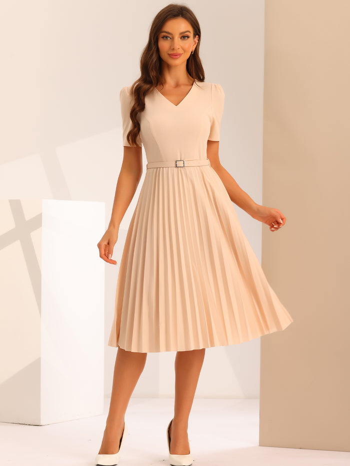 allegra k V-Neck Short Sleeve Belted A-Line Pleated Midi Dress