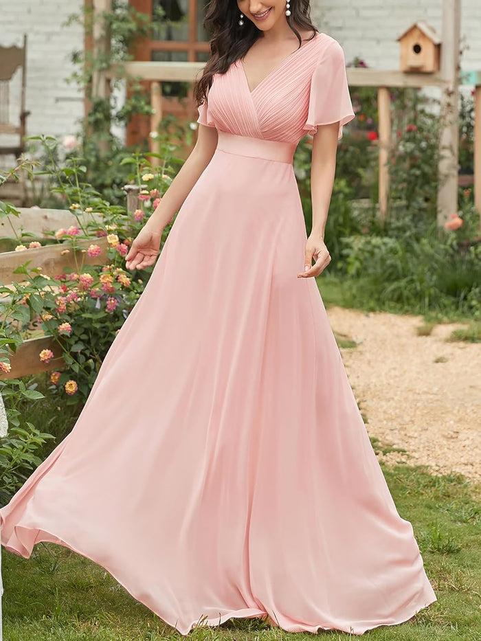 Allegra K V Neck Short Sleeve Chiffon Bridesmaid Maxi Dress