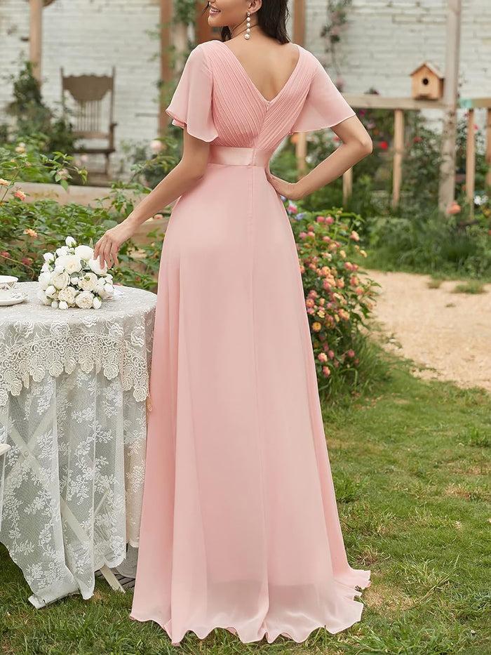 Allegra K V Neck Short Sleeve Chiffon Bridesmaid Maxi Dress