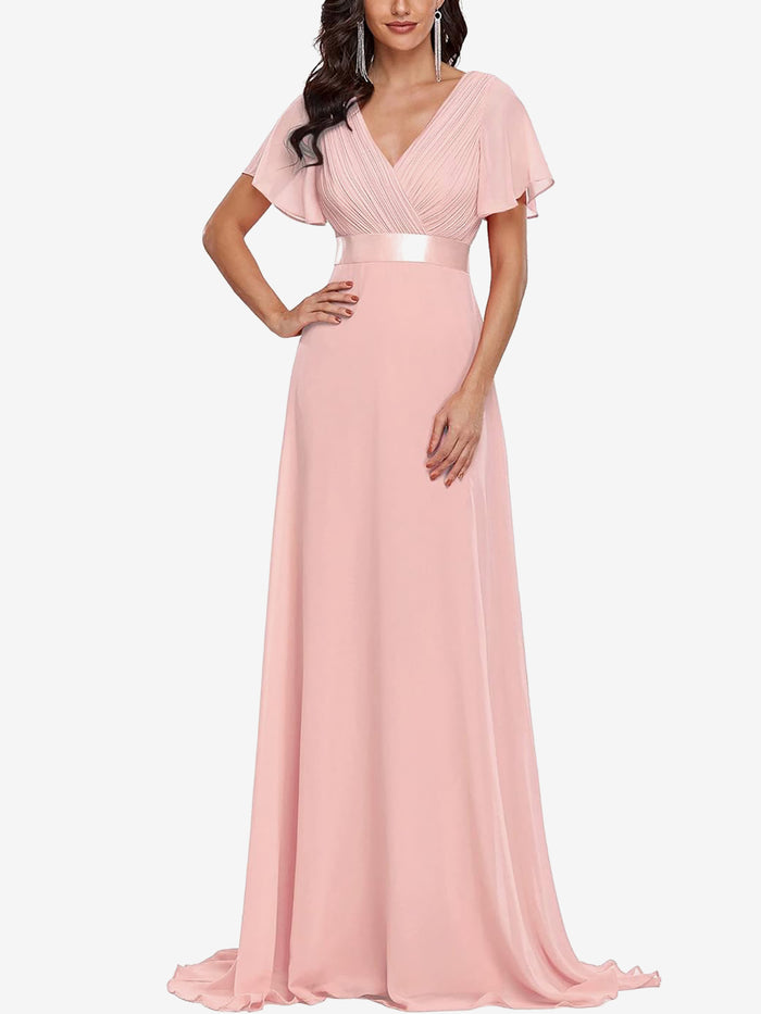 Allegra K V Neck Short Sleeve Chiffon Bridesmaid Maxi Dress