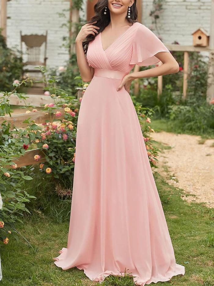 allegra k V Neck Short Sleeve Chiffon Bridesmaid Maxi Dress