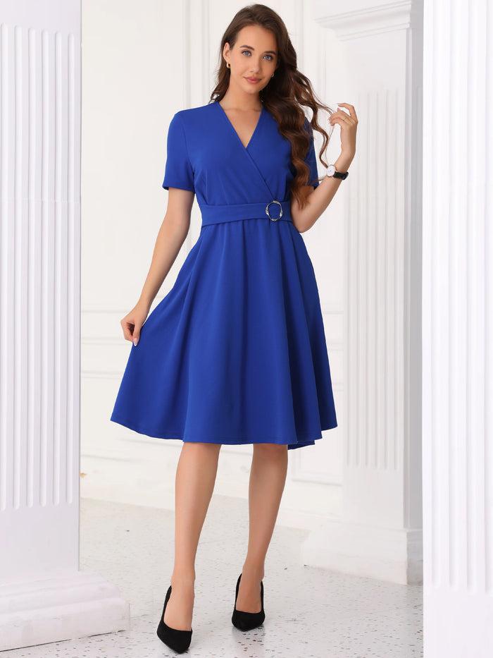 allegra k V Neck Short Sleeve Solid Color A-Line Midi Dress