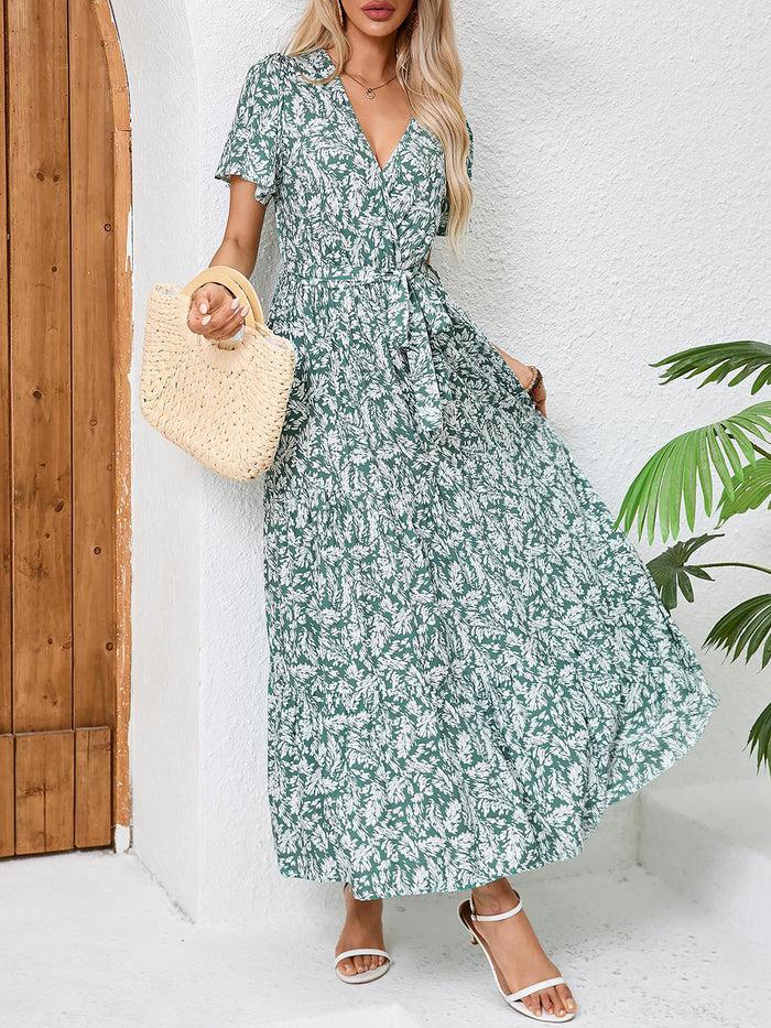 Allegra K V Neck Short Sleeves Bow Tie Waist Maxi Dress