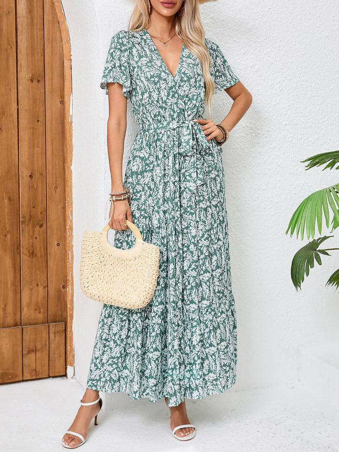 Allegra K V Neck Short Sleeves Bow Tie Waist Maxi Dress