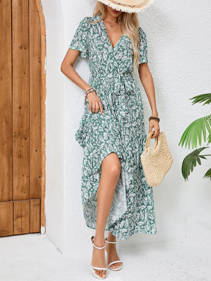 Allegra K V Neck Short Sleeves Bow Tie Waist Maxi Dress