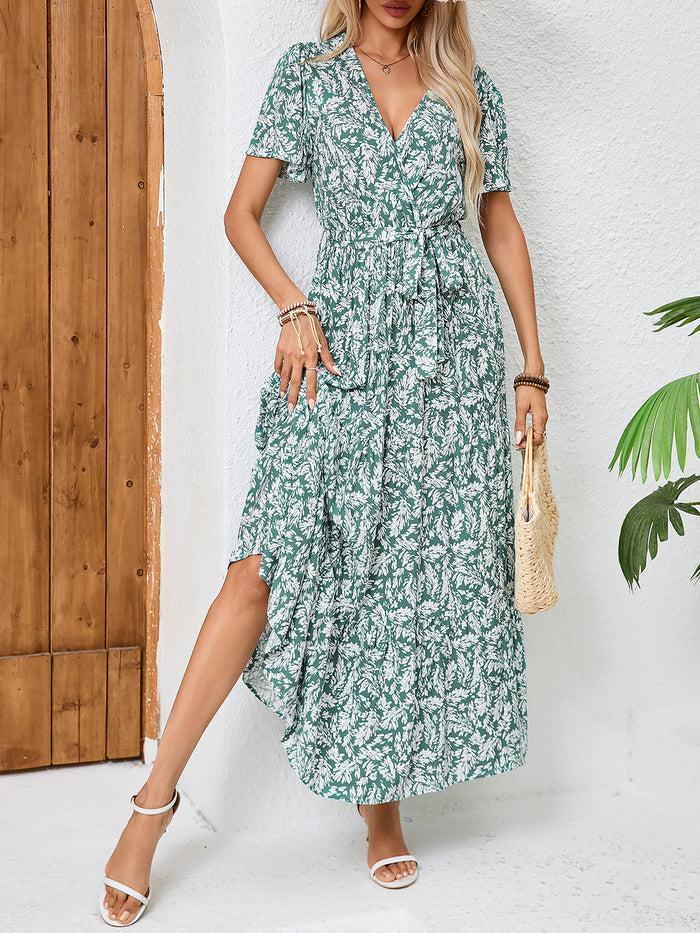 allegra k V Neck Short Sleeves Bow Tie Waist Maxi Dress