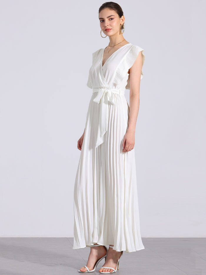 Allegra K V Neck Short Sleeves Lace-Up Belted Pleated Maxi Dress