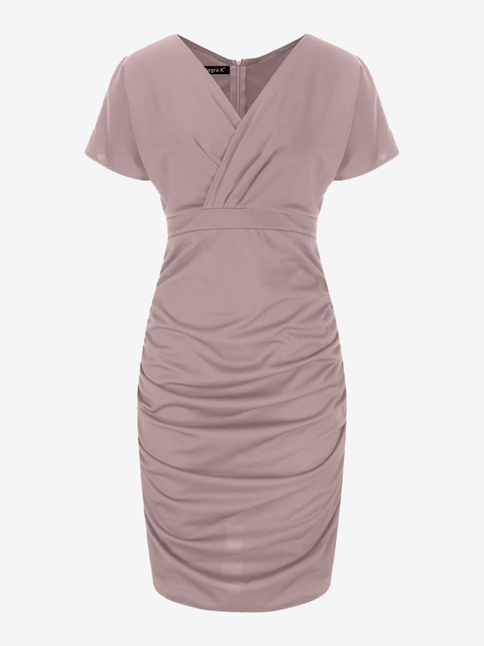 Allegra K V Neck Short Sleeves Ruched Bodycon Midi Dress