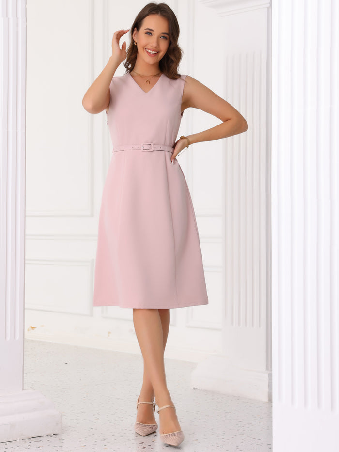 allegra k V Neck Sleeveless Belted A-Line Midi Work Dress