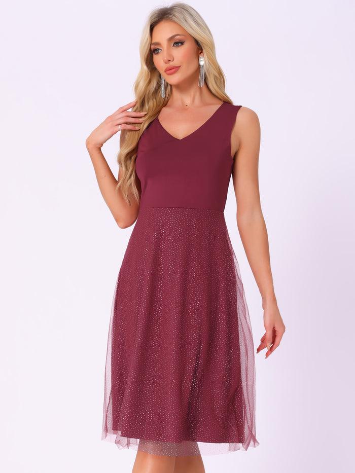 Allegra K V Neck Sleeveless Glitter Midi A-Line Dress