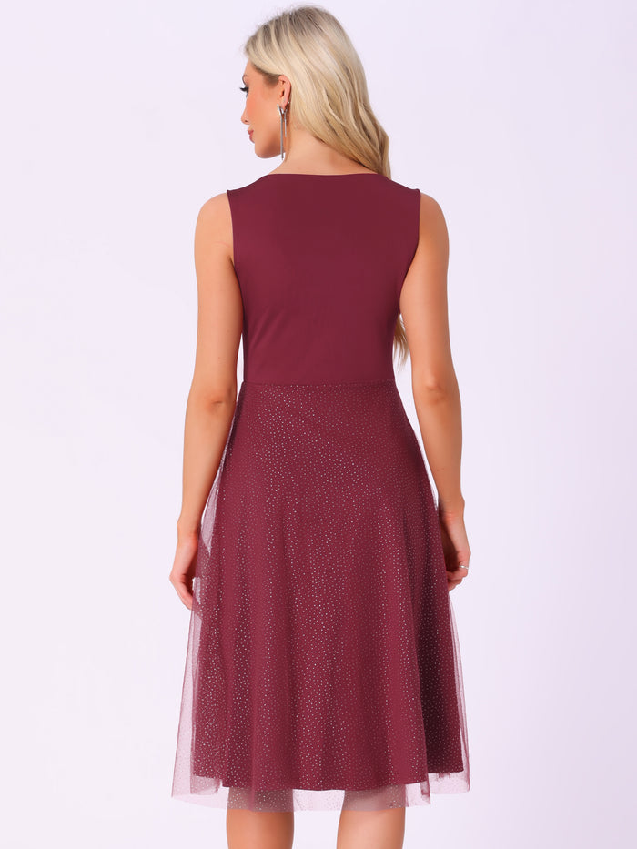 Allegra K V Neck Sleeveless Glitter Midi A-Line Dress