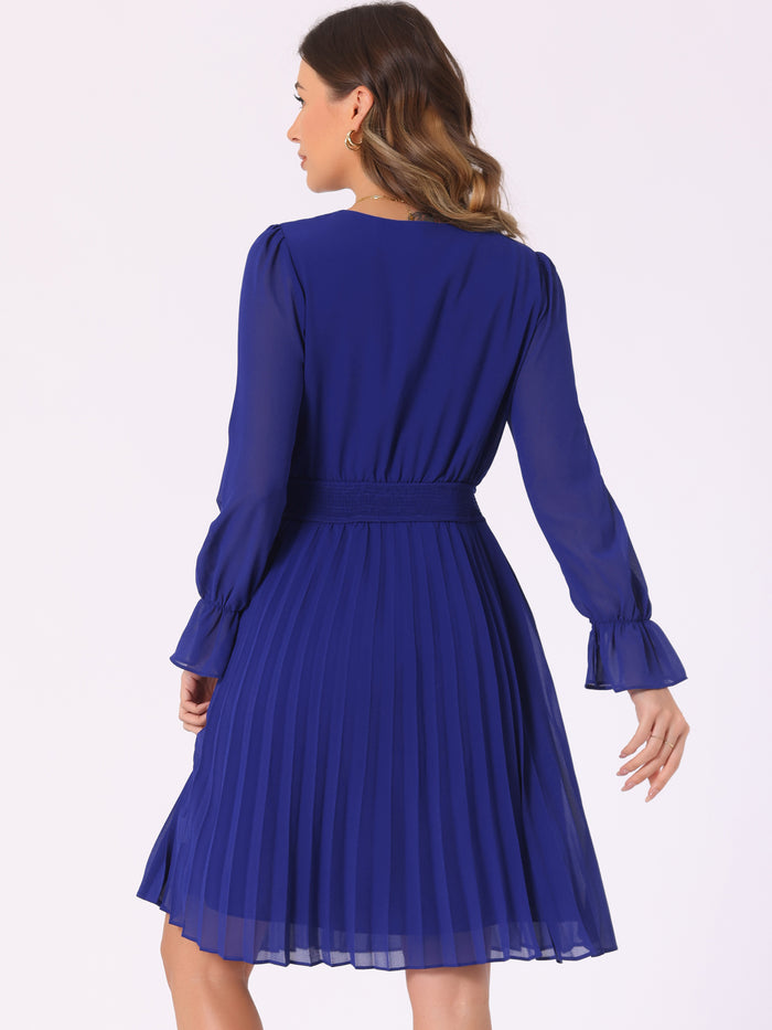 Allegra K V Neck Smocked Long Sleeve Pleated Midi Dress
