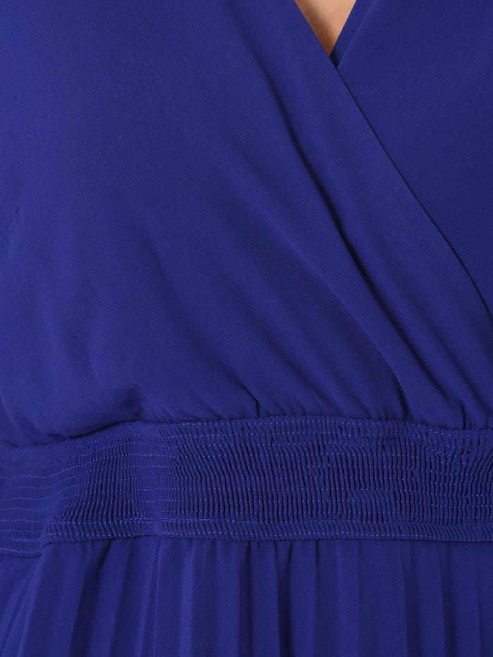 Allegra K V Neck Smocked Long Sleeve Pleated Midi Dress