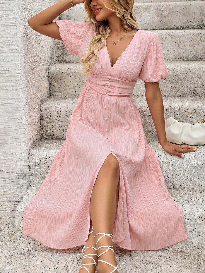 Allegra K V Neck Solid Color Puff Sleeve Textured Midi Dress