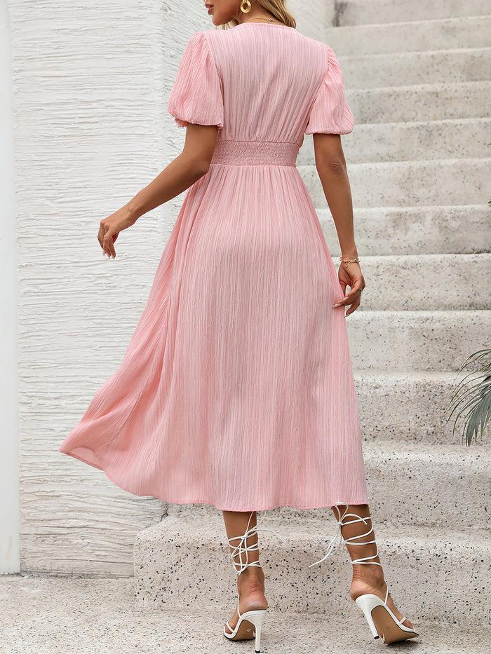 Allegra K V Neck Solid Color Puff Sleeve Textured Midi Dress