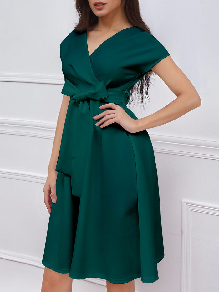 Allegra K V Neck Solid Color Short Sleeve Tie Waist Dress