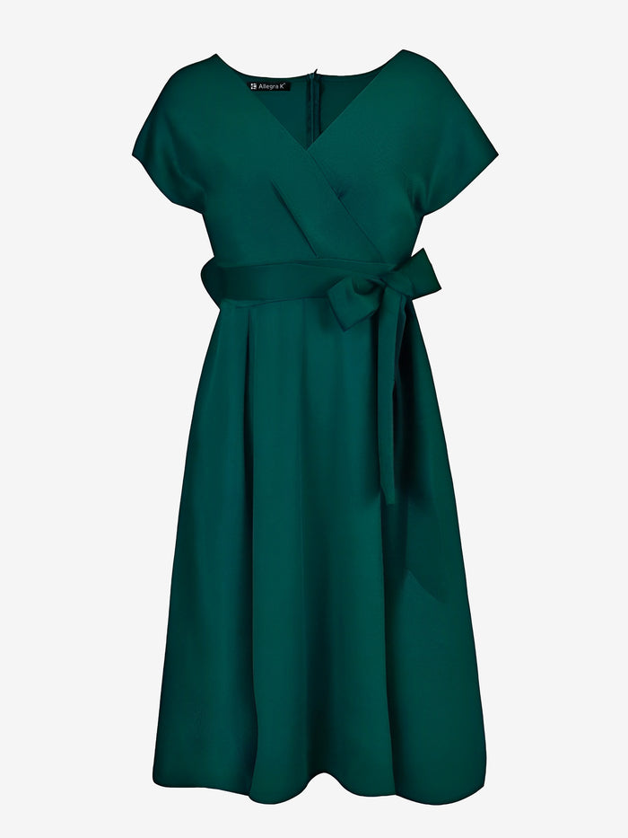Allegra K V Neck Solid Color Short Sleeve Tie Waist Dress