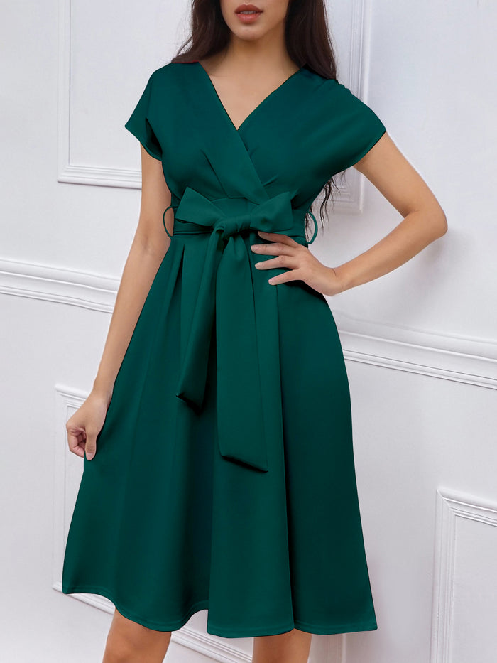 allegra k V Neck Solid Color Short Sleeve Tie Waist Dress