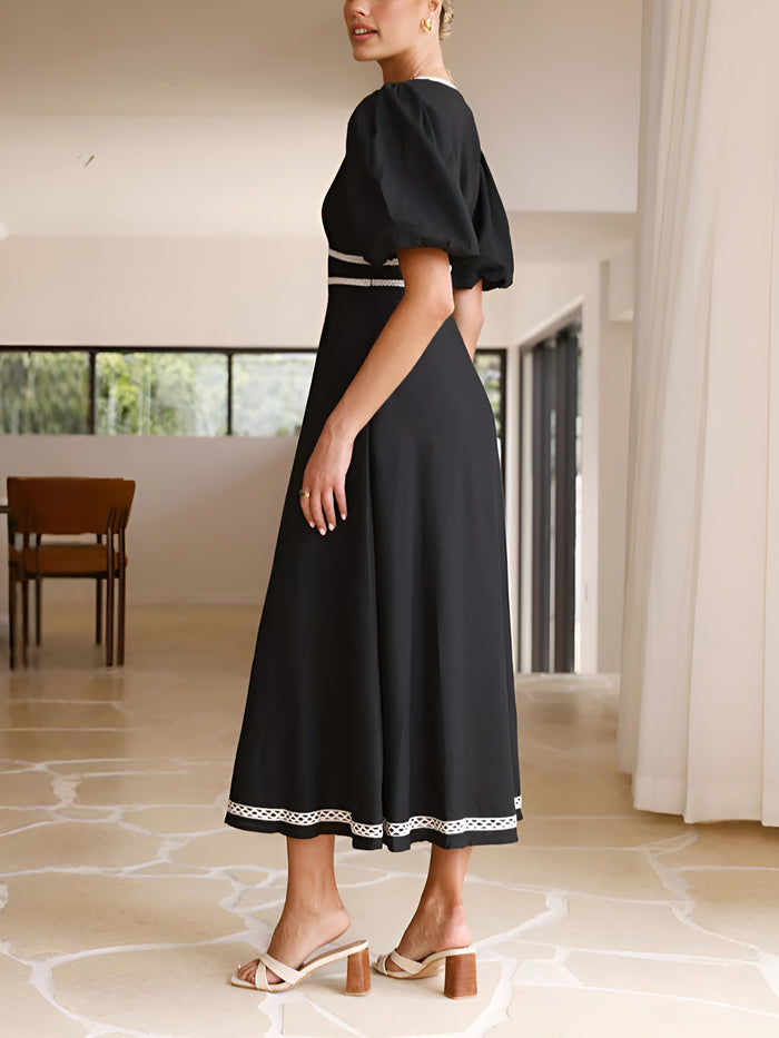 Allegra K V Neck Stitching Lace Puff Sleeve Midi Dress