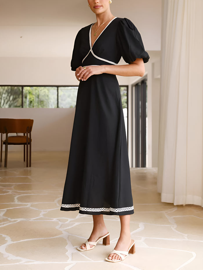 Allegra K V Neck Stitching Lace Puff Sleeve Midi Dress