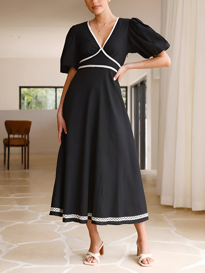 allegra k V Neck Stitching Lace Puff Sleeve Midi Dress