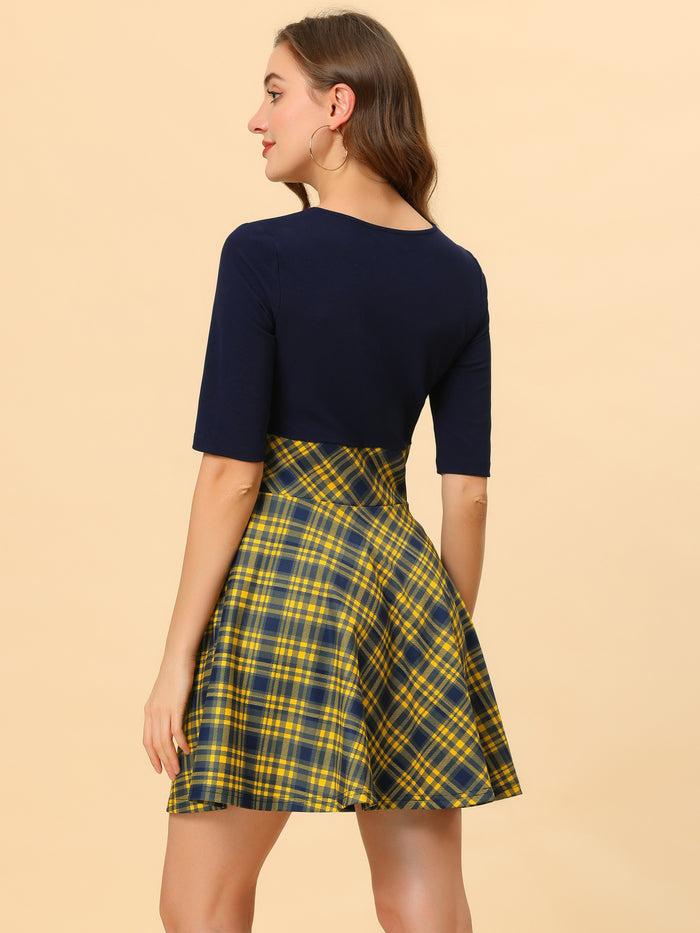 Allegra K Valentine Plaid Stitching Round Neck Half Sleeve A-Line Mini Dress