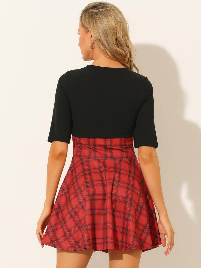 Allegra K Valentine Plaid Stitching Round Neck Half Sleeve A-Line Mini Dress