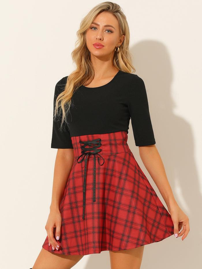 allegra k Valentine Plaid Stitching Round Neck Half Sleeve A-Line Mini Dress