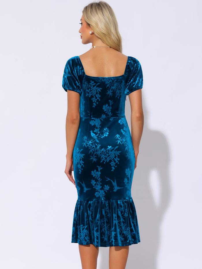 Allegra K Velvet Floral Puff Sleeve Bodycon Fishtail Midi Dress