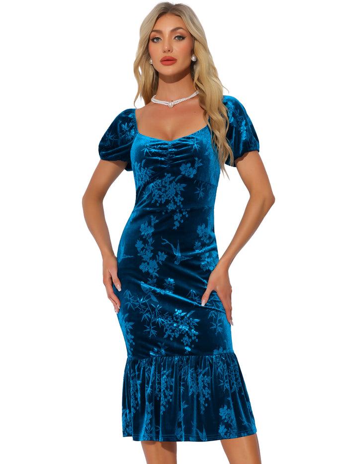 Allegra K Velvet Floral Puff Sleeve Bodycon Fishtail Midi Dress