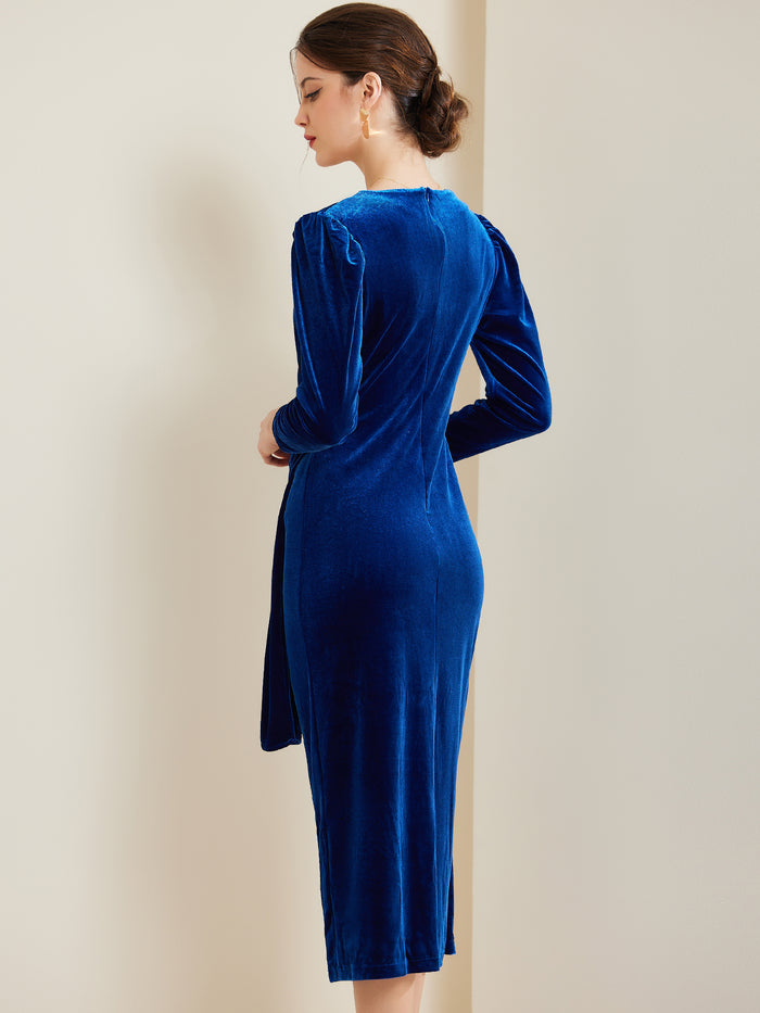 Allegra K Velvet Long Sleeves Solid Ruched Midi Cocktail Dress