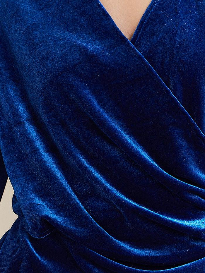 Allegra K Velvet Long Sleeves Solid Ruched Midi Cocktail Dress