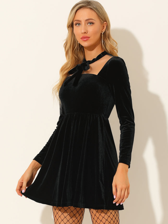 Allegra K Velvet Party Sheer Mesh Panel Tie Neck Sexy A-Line Mini Dress